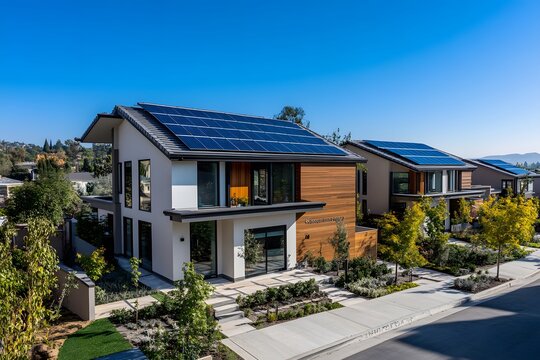 Modernes Haus mit Solarpanelen auf dem Dach