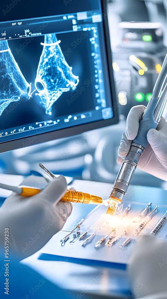 Poster close-up of surgical instruments and x-ray image on a monitor.