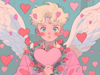 Blonde Angel Holding Heart Surrounded by Roses and Hearts - Anime Style
