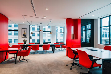A vibrant modern office space featuring bold red and black color schemes, stylish furniture. The dynamic workspace design promotes productivity and creativity with sleek desks and high-tech equipment