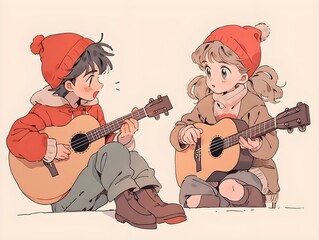 Cozy Winter Guitar Anime Children Duet