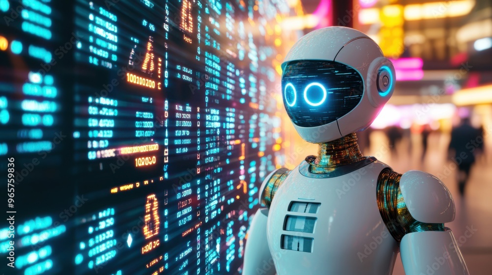 Poster futuristic robot analyzing global stock market trends on glowing screen with ai-driven decision-maki