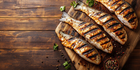 Grilled fish fillets on a cutting board with seasoning scattered