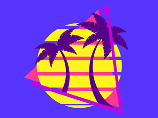 Palm trees at sunset retro sun in 80s style. Retro futuristic silhouettes of palm trees against the sun in a triangular frame. Synthwave style. Design for banners and posters. Vector illustration
