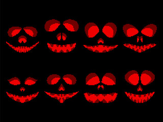 Halloween scary face icons set in pixel art style. Pixel scary pumpkin face in 8-bit retro graphic style of 80s and 90s games. Design for games, apps, banners and posters. Vector illustration