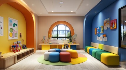 Modern pediatric clinic waiting room with colorful furniture and toys