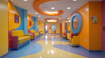 Modern pediatric clinic waiting room with colorful design