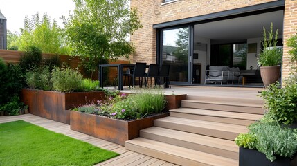 Fototapeta premium Stunning Modern Terrace with Integrated Wooden Deck and Planters for Peaceful Outdoor Living