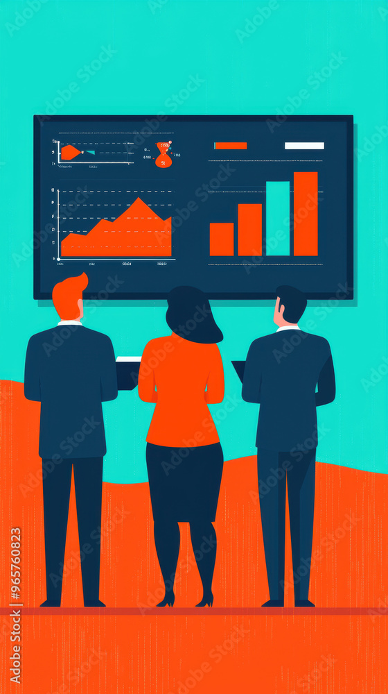 Poster business team analyzing financial graphs and charts on a digital screen, discussing progress and tre