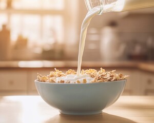 A bowl of cereal is being poured into it