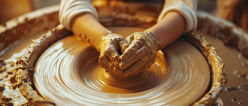 Mastering the Art of Pottery: Student Demonstrating Wheel Throwing Technique in School Ceramics Studio