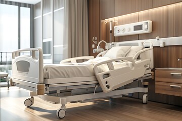 3D rendering of a hospital bed in a room with a window view