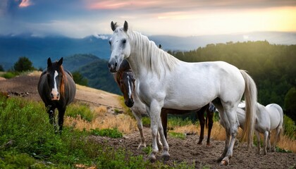 striking scene of a white horse standing prominently in the foreground, surrounded by a group of black horses. The background is shrouded in mist, creating a dramatic atmosphere.