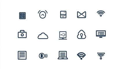 Set of modern technology and communication icons representing online activities