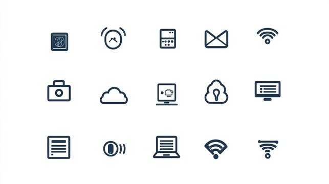 Set of modern technology and communication icons representing online activities