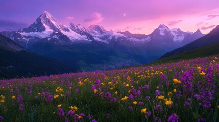 Fototapeta premium Mountain Landscape at Sunset with Wildflowers and Reflections