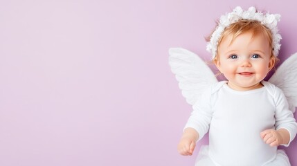 Fototapeta premium Blonde baby girl dressed as an angel, holding a red heart, with a pink background. Valentine's Day love concept.