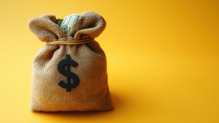 Sack of money on yellow background. 