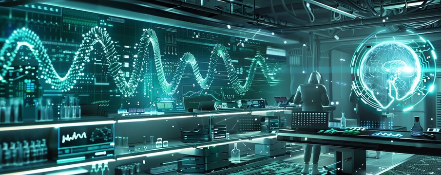 DNA sequencing, holographic analysis, advanced biotech, futuristic lab