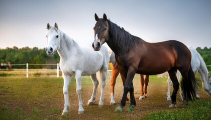 striking scene of a white horse standing prominently in the foreground, surrounded by a group of black horses. The background is shrouded in mist, creating a dramatic atmosphere.