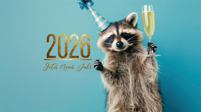 Frohes neues Jahr, Silvester, Neujahr, Gru&szlig;karte mit deutschem Text, goldene Jahreszahl 2026, Dachs Tier mit Champagne oder Weinglas und Party Hut auf blauen Hintergrund