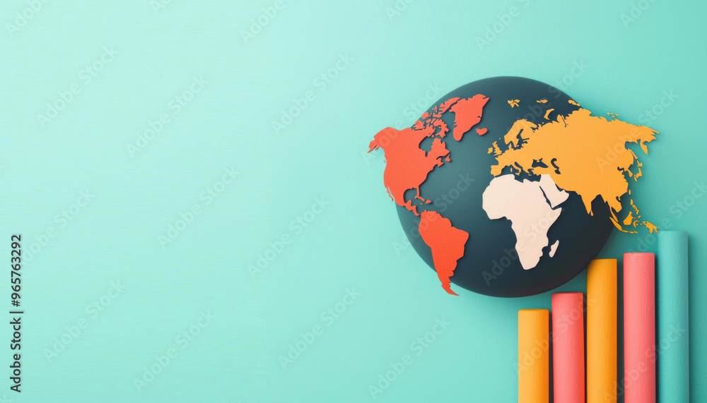 Poster colorful world map globe with bar graphs on a teal background. visual representation of global stati