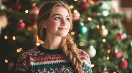 Festive Woman in Braided Hair and Patterned Sweater by Colorful Christmas Tree