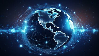 Obraz premium Global network concept with continents linked by lines, ambient blue light, representing a worldwide internet connection