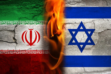 Conflict between Iran and Israel, featuring symbols of war such as flames and fire. Iran Israel war. Stone background