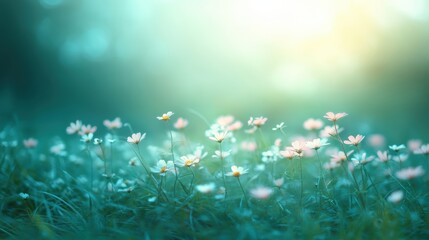 Fototapeta premium White daisies bloom in a grassy meadow, bathed in warm, golden sunlight at sunset, evoking a peaceful, serene atmosphere of nature.