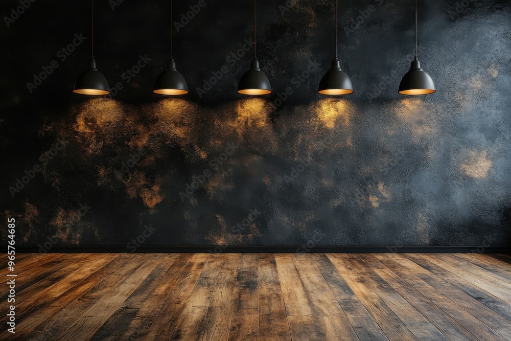 Wall mural Wood floor with dark black wall and lighting for present product