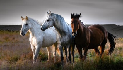 Fototapeta premium striking scene of a white horse standing prominently in the foreground, surrounded by a group of black horses. The background is shrouded in mist, creating a dramatic atmosphere.