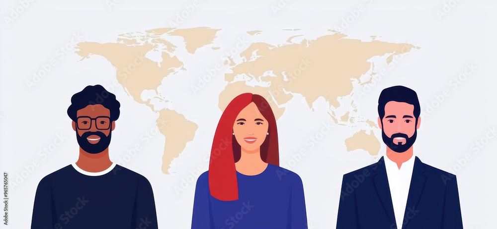 Poster diverse group of professionals standing in front of a world map, representing global teamwork and co