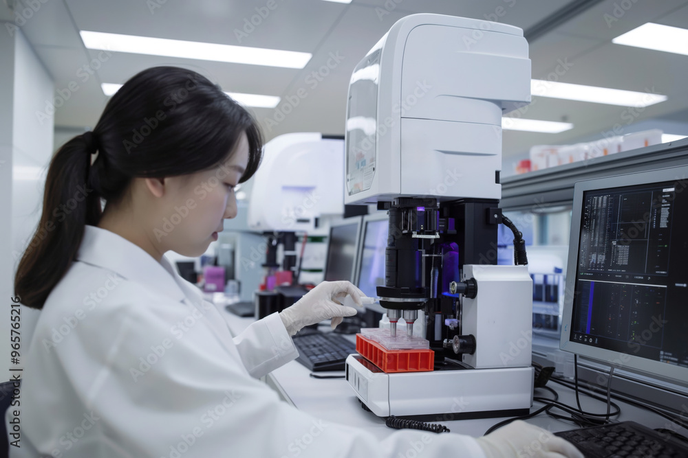 Poster scientist is conducting research in a modern laboratory, utilizing an automated multiwell plate syst