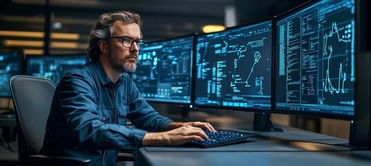 Focused Software Developer Analyzing Code on Multiple Monitors, Working Late in a High-Tech Office