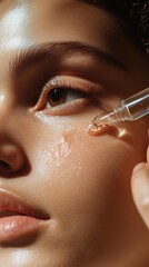 Young person applying a nourishing oil serum on their glowing skin during a beauty routine at home