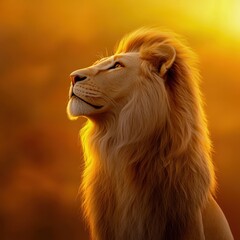 Majestic Lion Standing Against Vibrant Sunset Glow