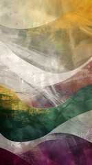 Textured abstract layers with deep earth tones in green, yellow, and maroon.