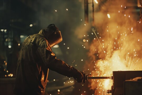 Steel mill worker wearing protective gear operating heavy machinery, creating a shower of sparks in a dark industrial setting