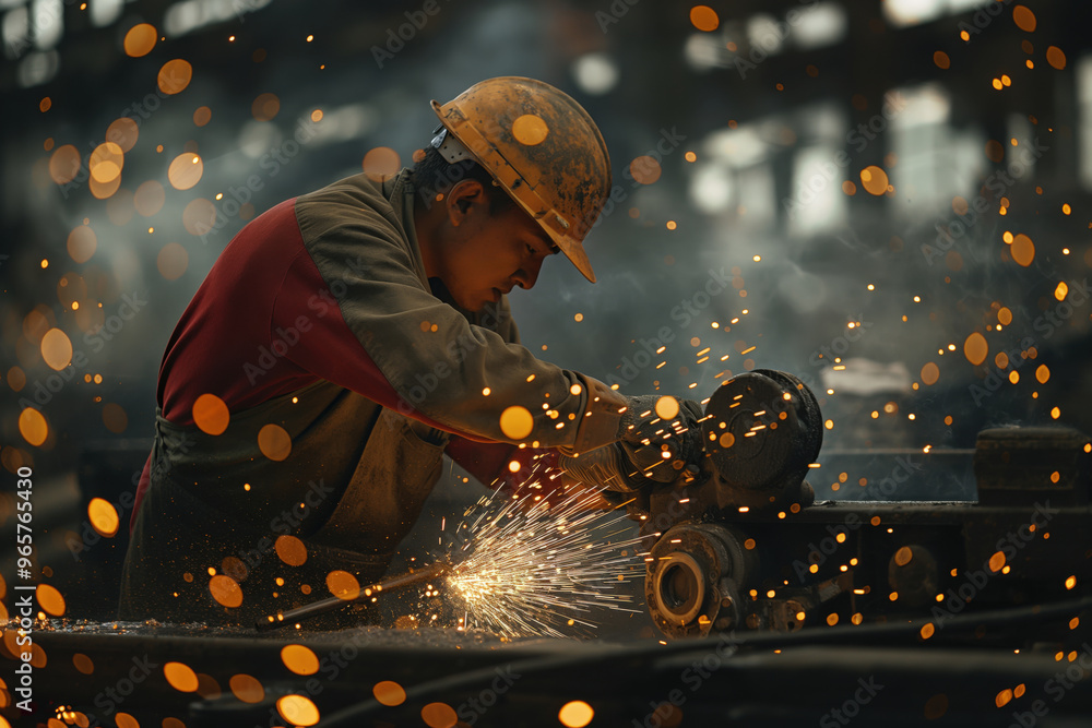 Poster factory worker wearing a hardhat and safety goggles is using a grinding machine to smooth a metal su