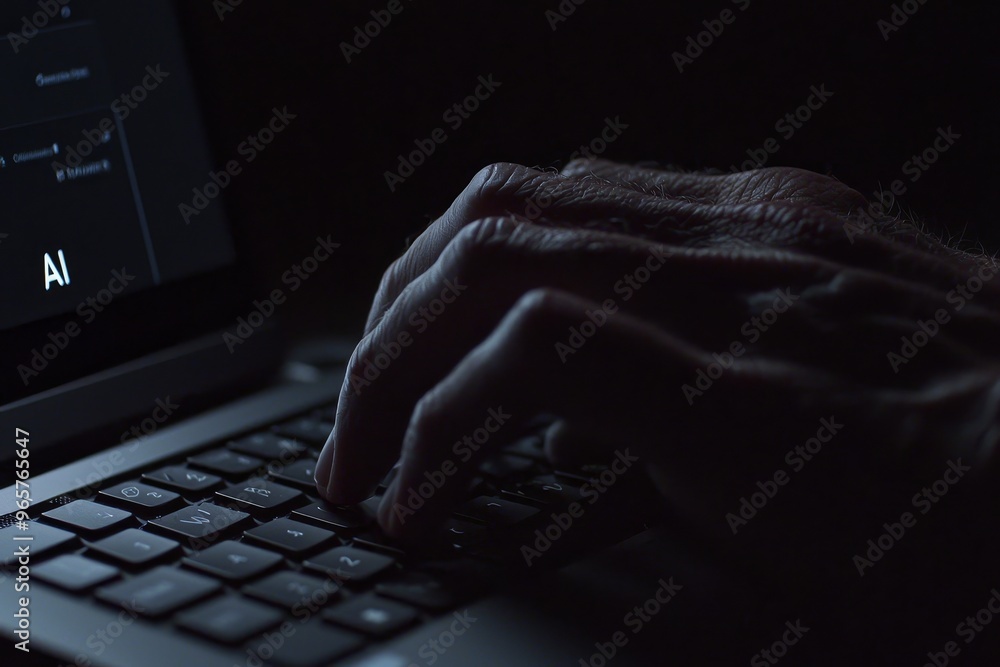 Poster the bot assistant talking to a man with a laptop. an stock chat prompt. stock and technology. man us