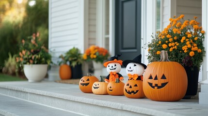 A family of pumpkins dressed in Halloween costumes