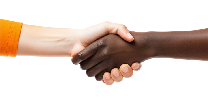 two people shaking hands, one person has a darker skin tone, and the other has a lighter skin tone, a symbol of unity or agreement, isolated on a transparent or white background, cut-out, PNG