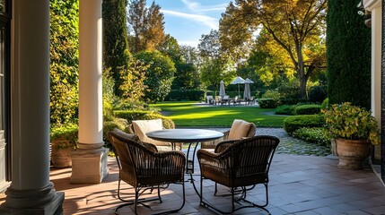 Obraz premium Captivating image of a classic style terrace with a breathtaking view of a meticulously manicured garden showcasing a harmonious arrangement of elegant outdoor furniture