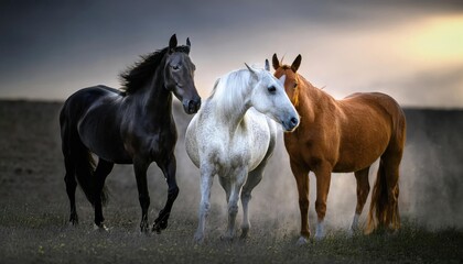 Fototapeta premium striking scene of a white horse standing prominently in the foreground, surrounded by a group of black horses. The background is shrouded in mist, creating a dramatic atmosphere.