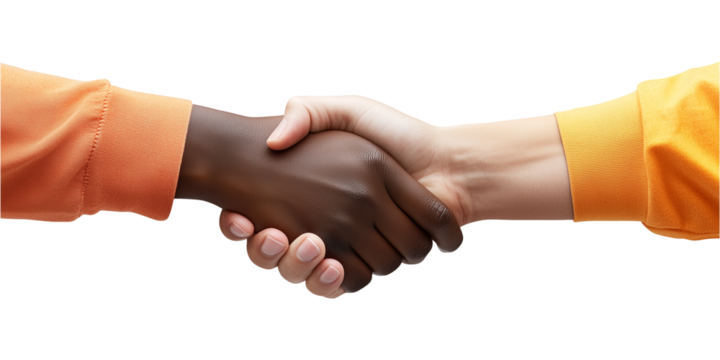 two people shaking hands, one person has a darker skin tone, and the other has a lighter skin tone, a symbol of unity or agreement, isolated on a transparent or white background, cut-out, PNG