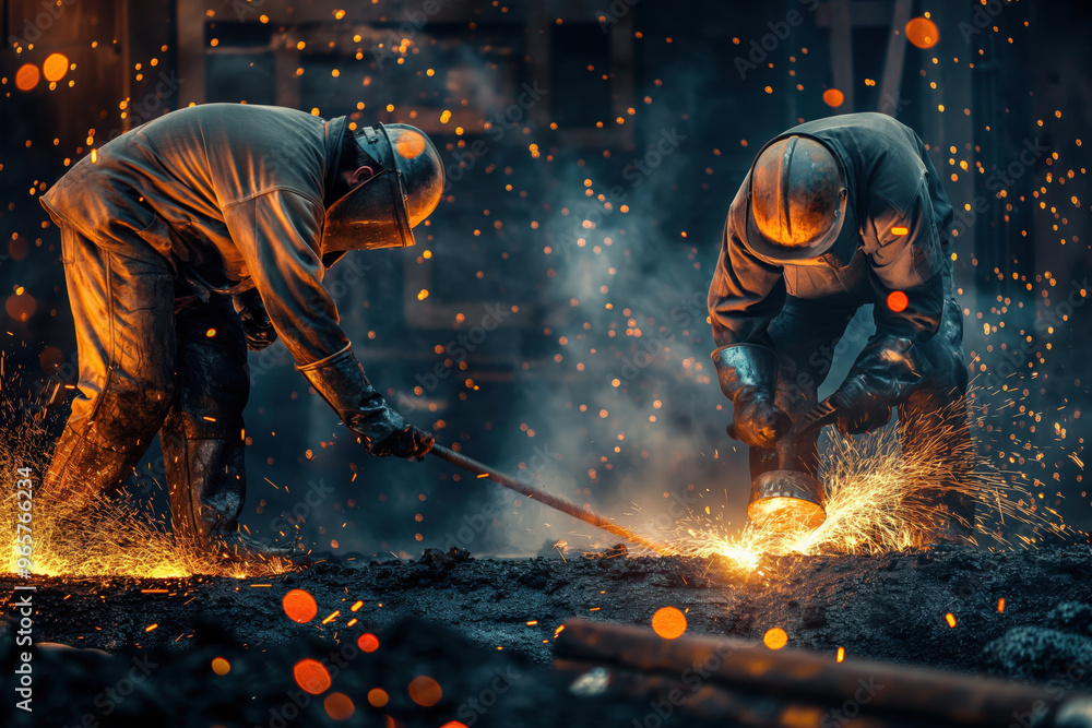 Poster two unrecognizable workers wearing protective gear are using a blowtorch in a foundry with sparks fl