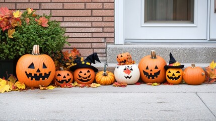 A family of pumpkins dressed in Halloween costumes