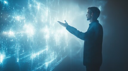 Businessman interacting with hologram of digital data cloud