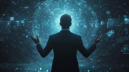 Businessman presenting digital data globe visualization